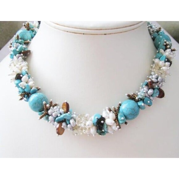 Turquoise Multi-Gemstone Fresh Water Pearl Cluster Wire wrapped Necklace - Picture 5 of 8